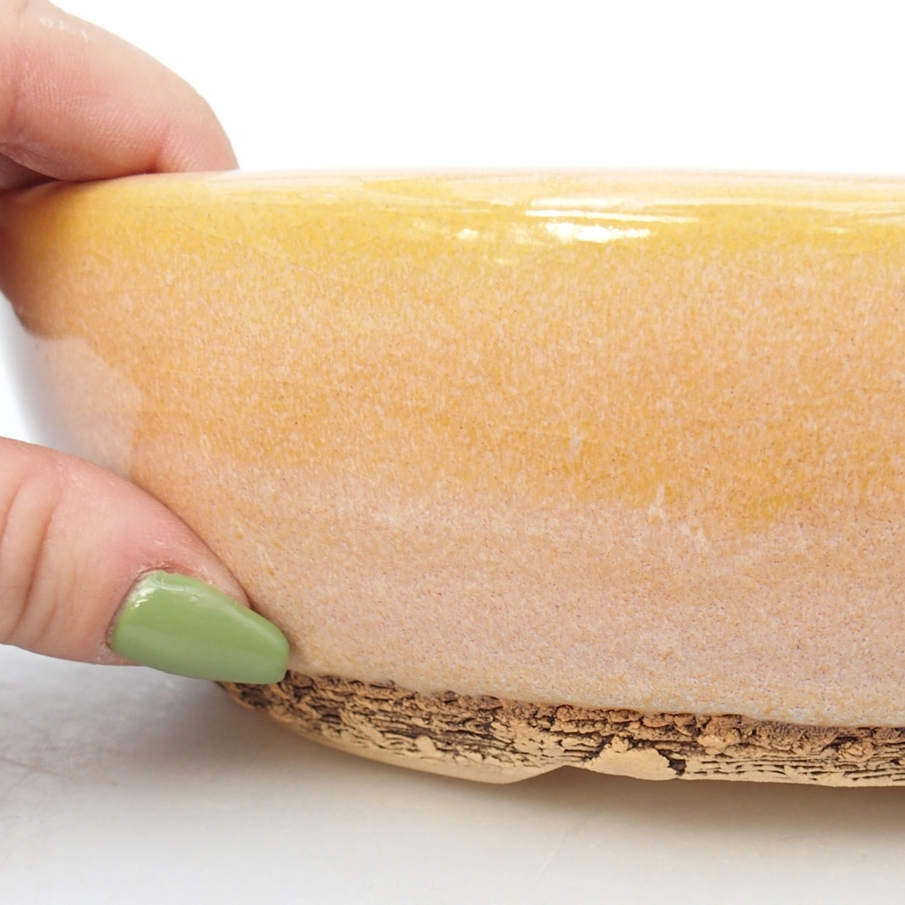 Bonsaischaal van keramiek 19,5 x 19,5 x 6 cm, kleur bruin-geel