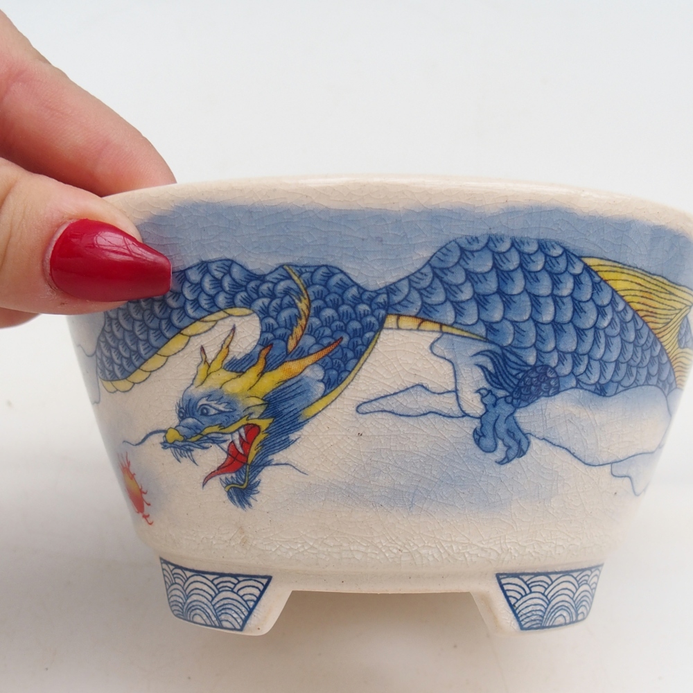 Bonsaischaal van keramiek 12 x 12 x 6,5 cm, kleur blauw-wit