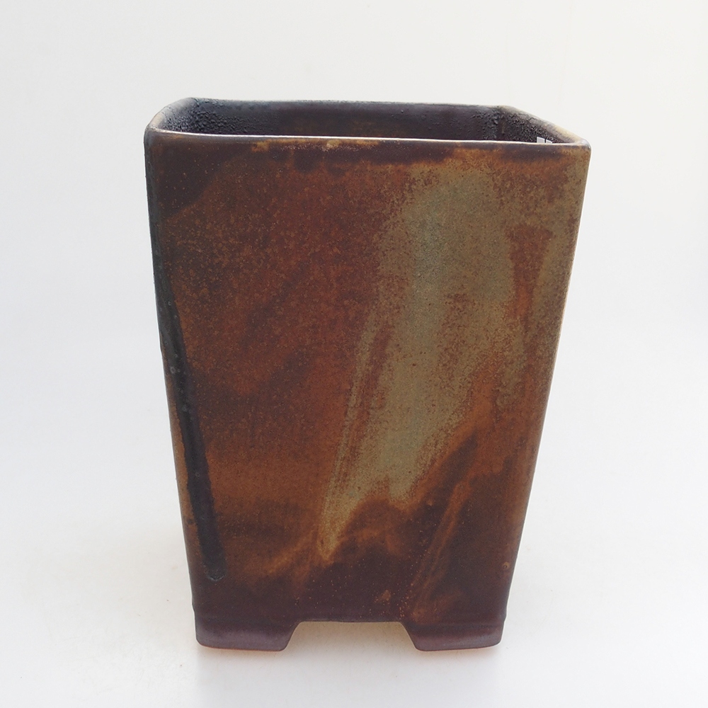 Bonsaischaal van keramiek 15 x 15 x 19 cm, kleur bruin-groen