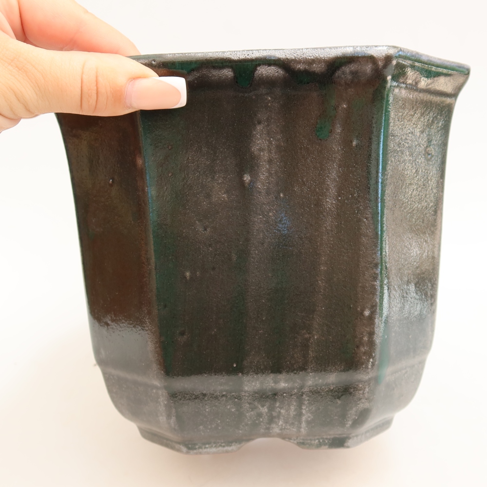 Keramische bonsaischaal 17,5 x 17,5 x 15,5 cm, kleur metaalgroen