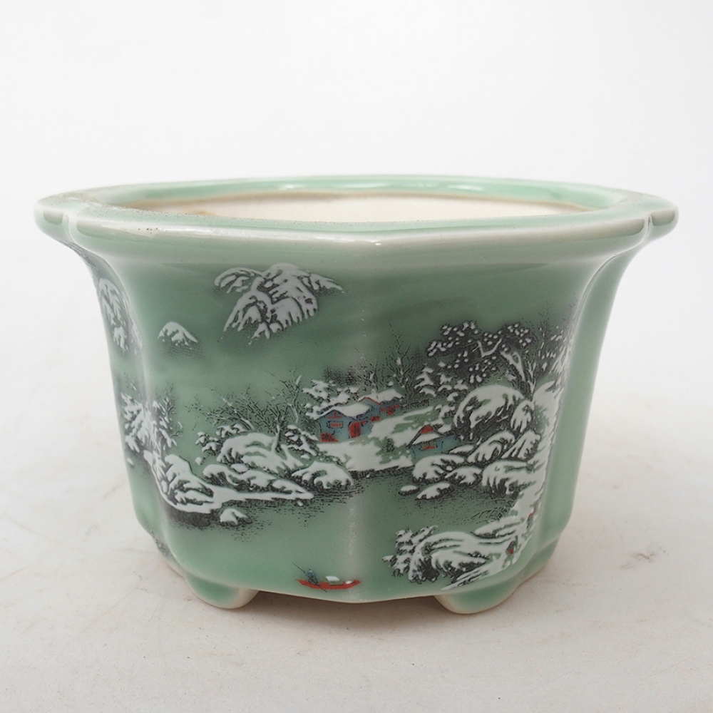 Bonsaischaal van keramiek 11,5 x 11,5 x 7 cm, kleur zielony