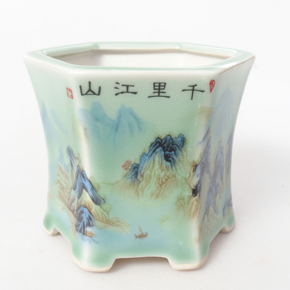 Bonsaischaal van keramiek 10,5 x 9,5 x 8,5 cm, groen