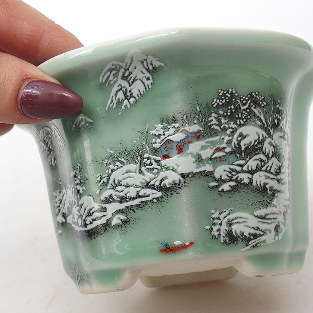 Bonsaischaal van keramiek 11,5 x 11,5 x 7 cm, kleur zielony