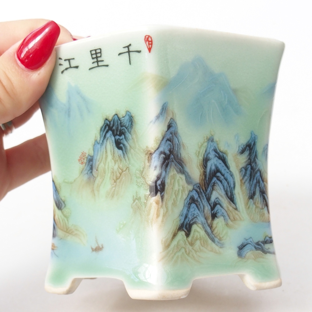 Bonsaischaal van keramiek 10,5 x 9,5 x 8,5 cm, groen