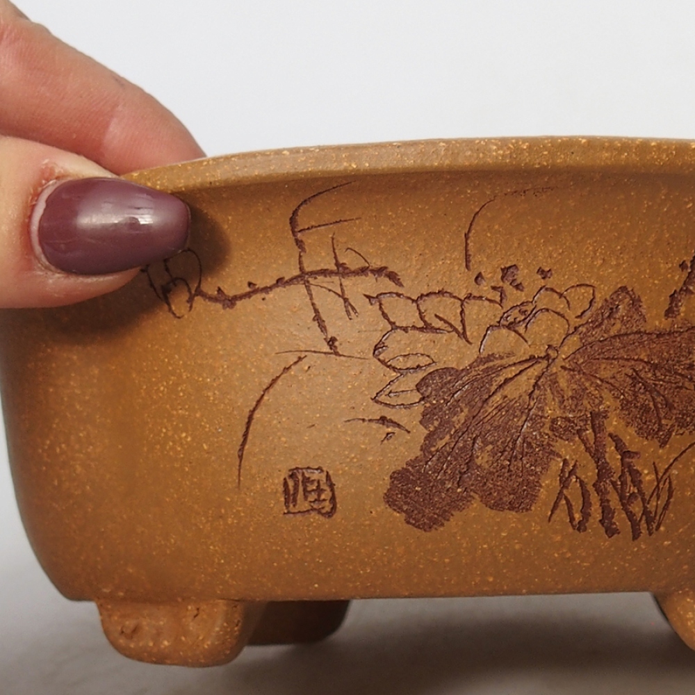 Bonsaischaal van keramiek 15,5 x 13 x 6 cm, kleur oker